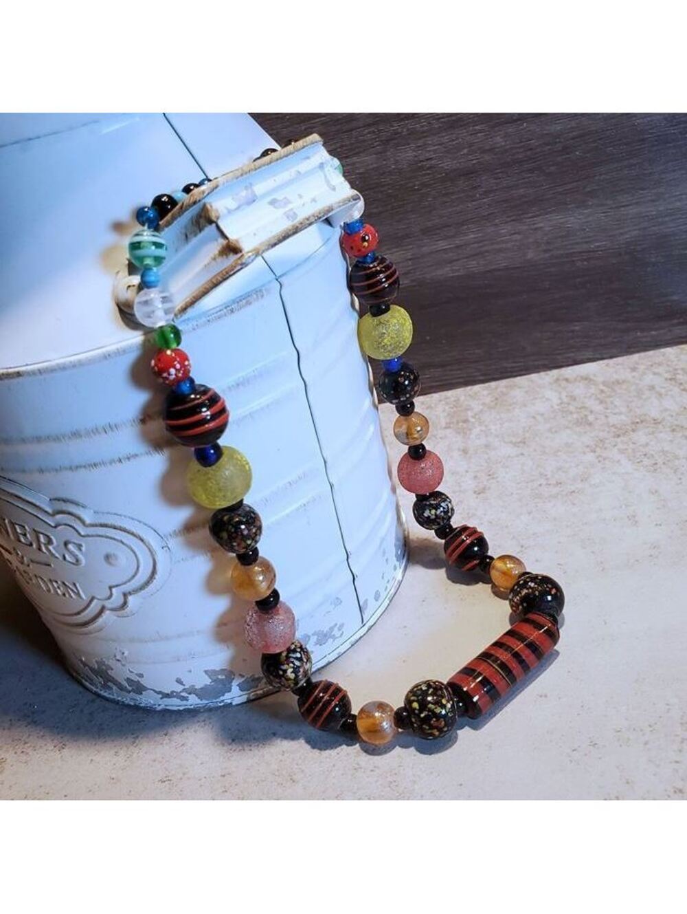India Artisan Vintage 90s Glass Beads Black Multi Necklace OOAK Style C